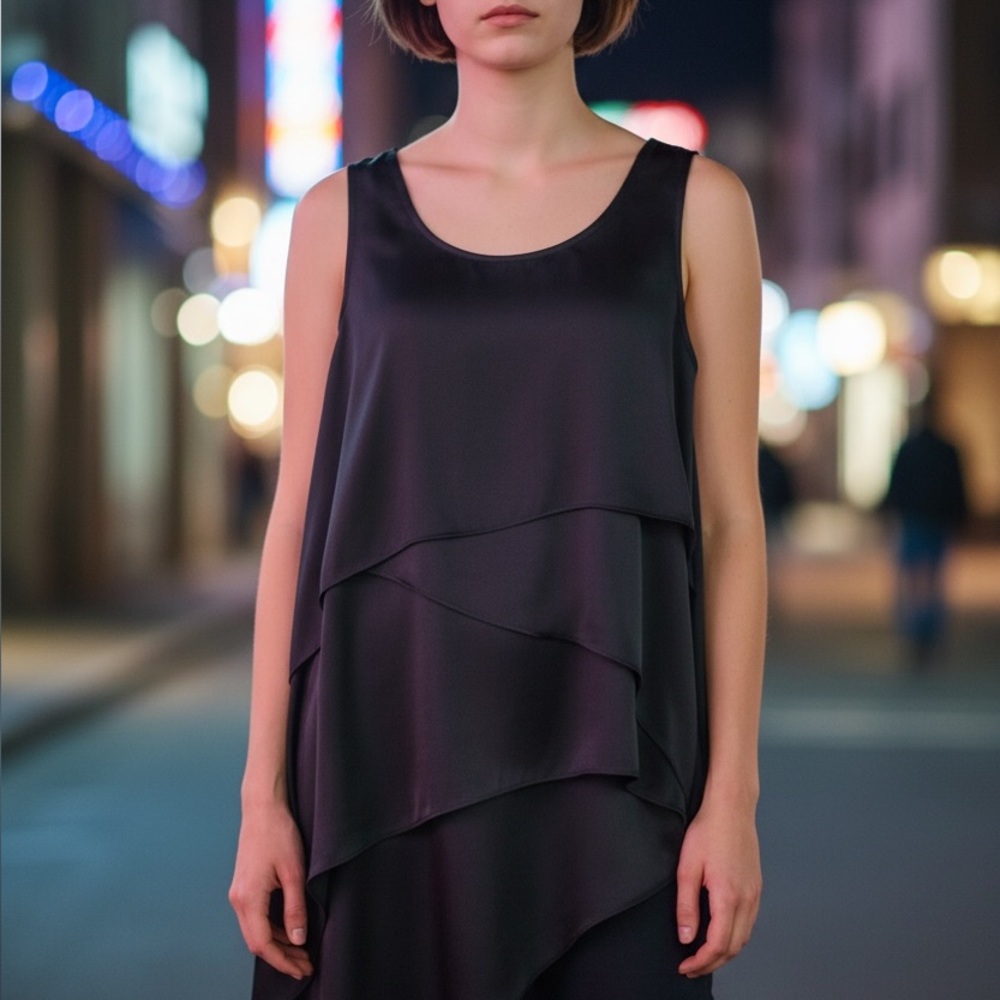 BCBG Black Silky Asymmetric Top Sleeveless Blouse M Layers